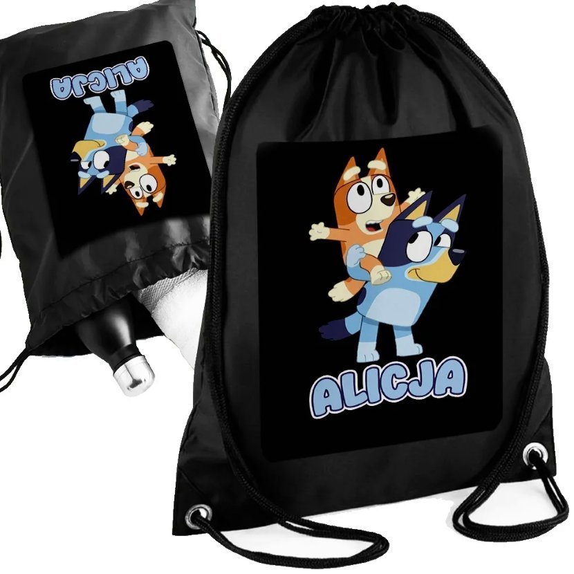 Personalizowany Czarny Worko-Plecak BLUEY - Twoje Imię - Nadruk Prezent
