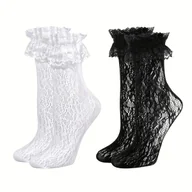 Skarpetki kolarskie - TEMU Zestaw 2 Par Damskich Skarpetek z Falbankami i Kokardkami - Oddychające Poliestrowe Skarpety na Wiosnę/ w Kolorze Białym & Czarnym, Rękoma - miniaturka - grafika 1