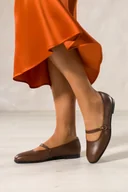 Baleriny - Brązowe baleriny skórzane damskie Mary Jane pasek ze złotą klamrą PRODUKT POLSKI Casu 6987-821 - miniaturka - grafika 1