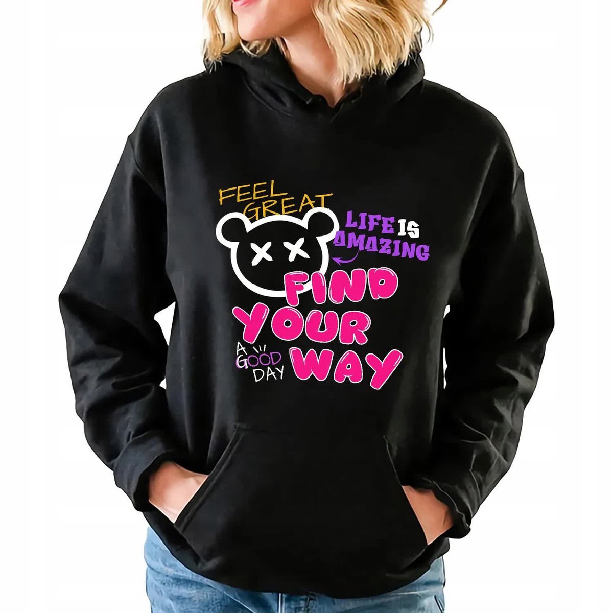 Czarna Bluza z Kapturem FIND YOUR WAY Kobiece Damskie Piękne Wzory Rozm XXL