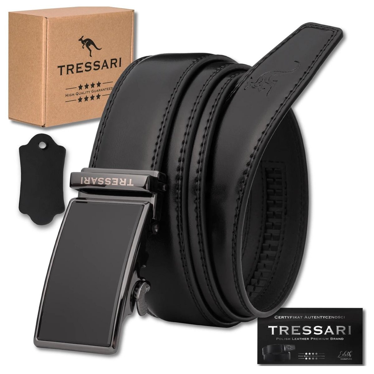 Męski pasek czarny automatyczny 125cm do spodni skóra naturalna TRESSARI