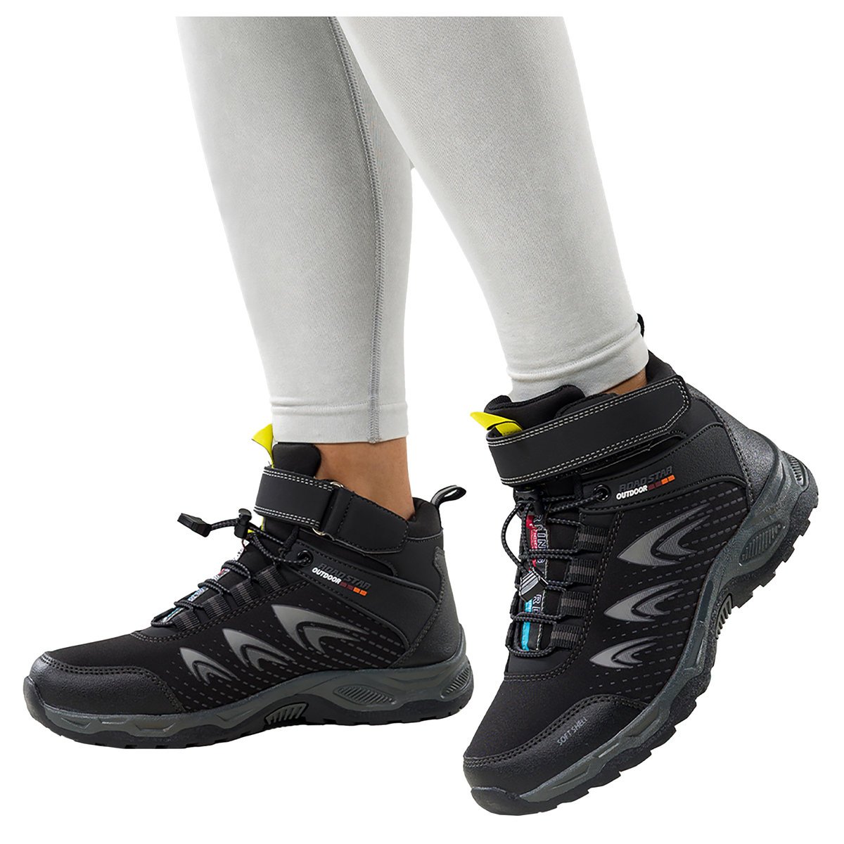 Czarne buty trekkingowe damskie na bieżnikowanej podeszwie z regulowaną elastyczną sznurówką szare wstawki softshell Casu 2310-1W-39