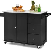 Ręczniki - COSTWAY Wózek kuchenny z blatem ze stali nierdzewnej, wyspa kuchenna z 3 szufladami, regulowaną półką i uchwytem na ręczniki, mobilny wózek do serwowania, szafka kuchenna na kółkach, wózek kuchenny (czarny) - miniaturka - grafika 1