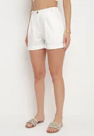 Spodenki damskie - Białe Szorty Bermudy z Bawełną i Lnem z Wysokim Stanem i Zakładkami Erefia - miniaturka - grafika 1