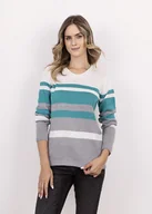 Swetry damskie - Sweter w paski z ciekawym dekoltem - SWE343 szary/ecru/zielony MKM - miniaturka - grafika 1