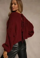 Swetry damskie - Bordowy Kardigan z Wełną o Kroju Oversize z Wiązanymi Kokardami Elearina - miniaturka - grafika 1