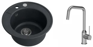 Quadron Zlewozmywak granitowy jednokomorowy 51*51*22 cm MORGAN 210 BLACK DIAMOND ze stalowym odpływem z baterią NATALIE Q LINE kolor stal szczotkowana - Zlewozmywaki z baterią - miniaturka - grafika 1
