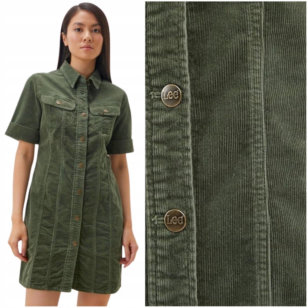 Lee RIDER SHIRT DRESS OliveGrove koszula sukienka sztruksowa krótki rękaw M