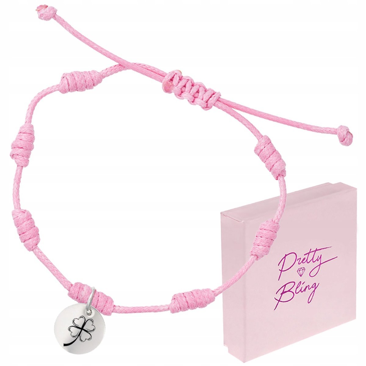 Bransoletka z GRAWEREM sznurkowa różowa węzełki blaszka okrągła REGULOWANA