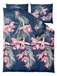 Zaratex Pościel satynowa 160x200 Orchids kwiaty liście granatowa różowa Satin Home 1 - Pościel - miniaturka - grafika 1