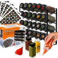 Pojemniki kuchenne - PRZYPRAWNIK STOJAK na PRZYPRAWY ZIOŁA NASIONA + 24x SZKLANE POJEMNIKI + ETYKIETY SAMOPRZYLEPNE NAKLEJKI + LEJEK DO PRZYPRAW - miniaturka - grafika 1