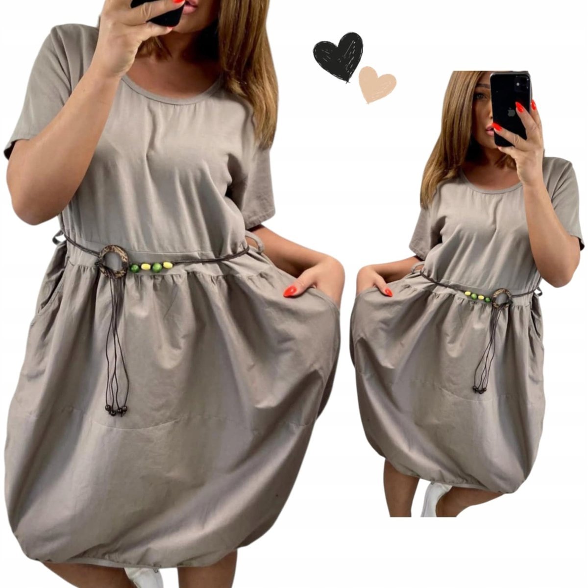 SUKIENKA BOMBKA Z PASKIEM BEŻOWA bawełna wygodna 50 52 5XL 6XL