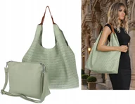 Torebki damskie - Torebka Damska shopper worek listonoszka pojemna Ażurowa 2w1 1901 Zielona - miniaturka - grafika 1