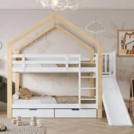 Łóżka dla dzieci i młodzieży - Łóżka piętrowe 2 x 90 x 200 cm ze zjeżdżalnią i 2 szufladami - lite drewno i płyta MDF - białe + naturalne (bez materaca) - miniaturka - grafika 1