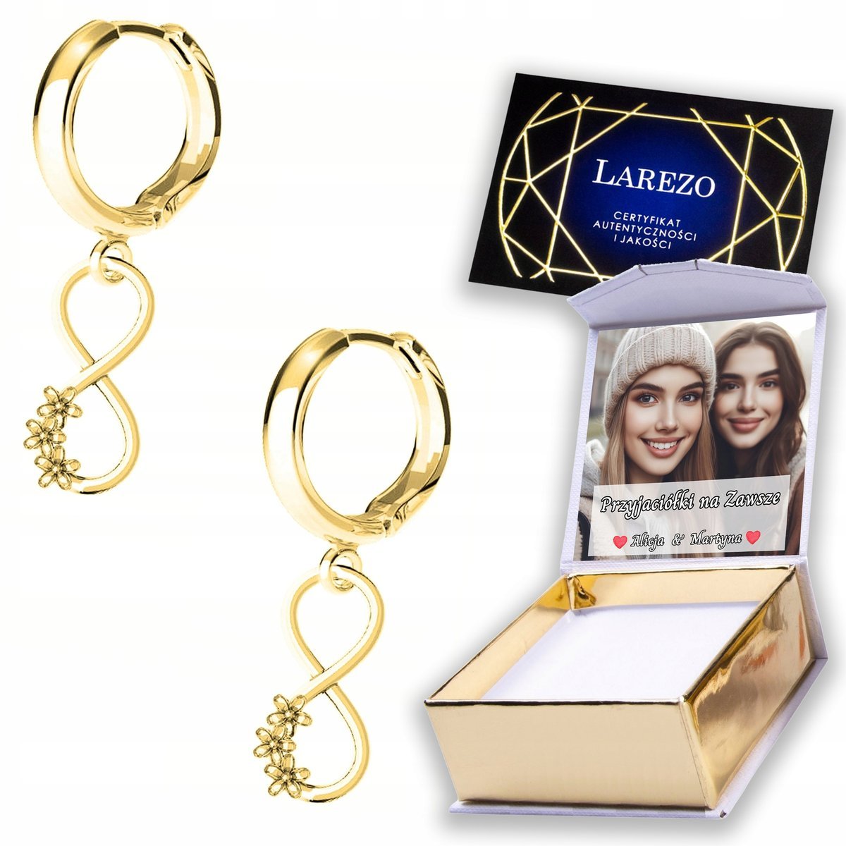 Złote Kolczyki 925 Nieskończoność Kwiatki Kwiaty Cyrkonie NADRUK