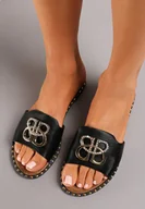 Klapki i japonki damskie - Czarne Klapki z Metalową Ozdobą i Cyrkoniami Caltag - miniaturka - grafika 1