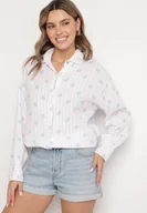 Koszule damskie - Różowo-Niebieska Bawełniana Koszula w Paski z Kwiatowym Zdobieniem Ameliora - miniaturka - grafika 1