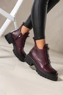 Botki damskie - Bordowe botki skórzane damskie na bieżnikowanej platformie z wyciętą cholewką guma na przodzie stalowa ozdoba PRODUKT POLSKI Casu 39456 - miniaturka - grafika 1