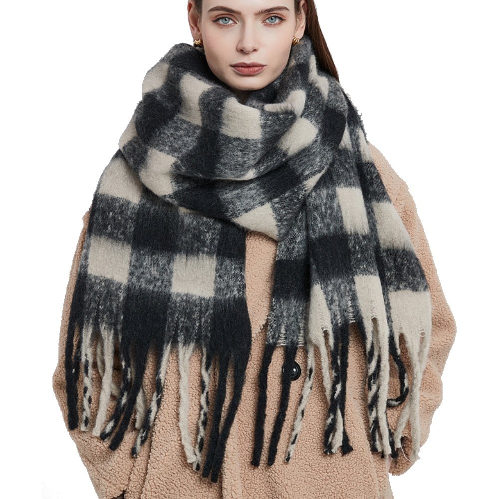 Duży ciepły szal gruby elegancki szalik damski w kratę modny chusta kolor czarny