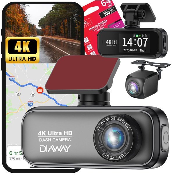 Diaway Kamera Wideorejestrator Samochodowa 4K GPS + Tylna Kamera Rejstrator WiFi HD