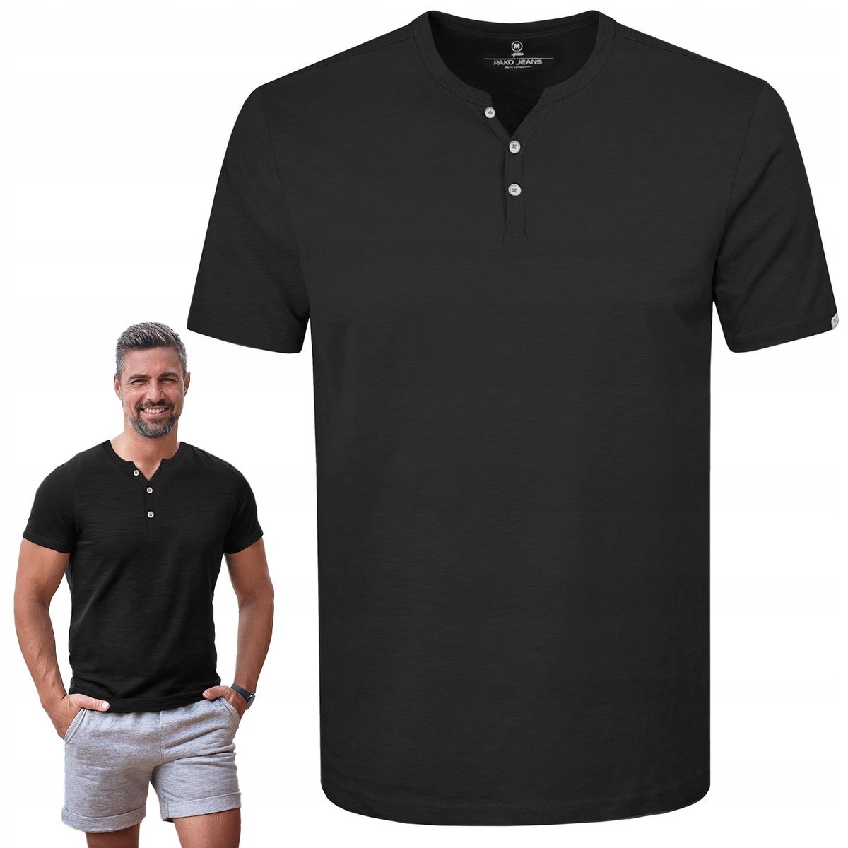 T-SHIRT Męski Koszulka w Serek CZARNA Bawełniana NOEL L Pako Jeans