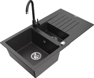 Mexen Matias zlewozmywak granitowy 1,5-komorowy z ociekaczem i baterią kuchenną Telma, czarny nakrapiany - 6502-76-670200-70 - Zlewozmywaki z baterią - miniaturka - grafika 1