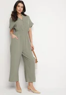 Kombinezony - Zielony Kombinezon z Wiskozy z Gumką w Talii i Dekoltem w Serek z Guzikami Nisella - miniaturka - grafika 1