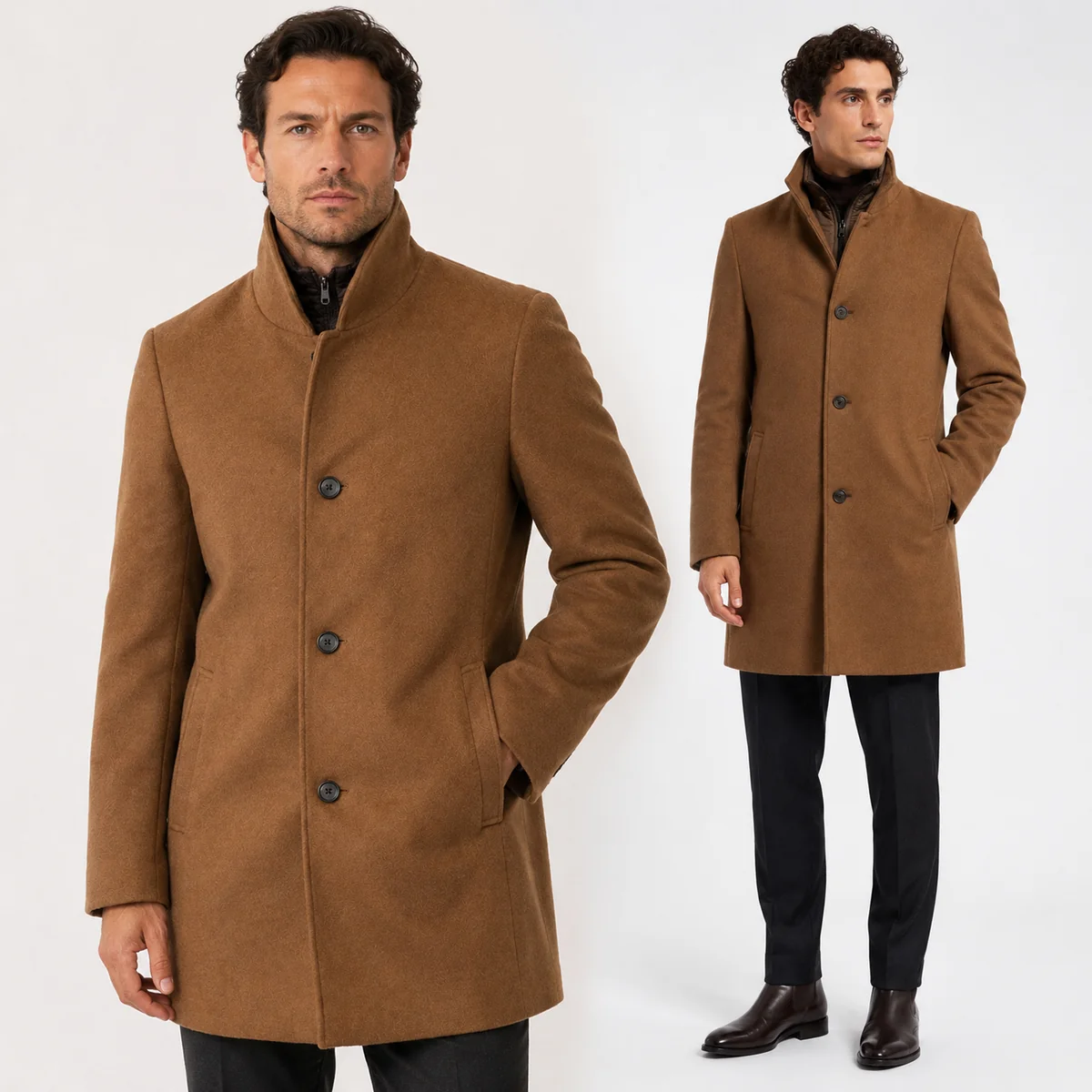 Płaszcz Męski Jednorzędowy Wełniany Z Odpinaną Stójką Elegancki Camel 52/170-176