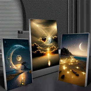 TEMU Zestaw 3 sztuki 5D DIY Diamentowe Malowanie Księżyca i Gwiezdne Nocą - Wzór, Różnej Rozmiarów Pełne Okrągłe Akrylowe Diamenty, Numerowane - Rękodzieło - miniaturka - grafika 1