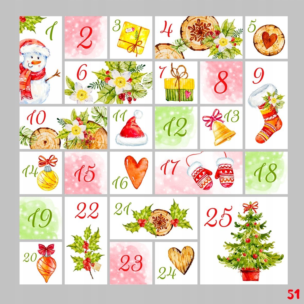 NAKLEJKI ŚWIĄTECZNE KALENDARZ ADWENTOWY 51 20x20