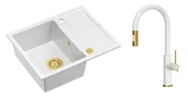 Zlewozmywaki z baterią - Quadron Unique Zlewozmywak granitowy jednokomorowy 62*50*22 cm z ociekaczem MORGAN 116 SNOW WHITE z syfonem Push-2-Open w kolorze złotym z baterią JENNIFER Q LINE SLIM z wyciąganą wylewką i funkcją prysznica kolor biały mat/złoty - miniaturka - grafika 1