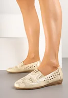 Półbuty damskie - Złote Ażurowe Półbuty Metaliczne na Niskim Koturnie ze Skórzaną Wkładką Marailena - miniaturka - grafika 1