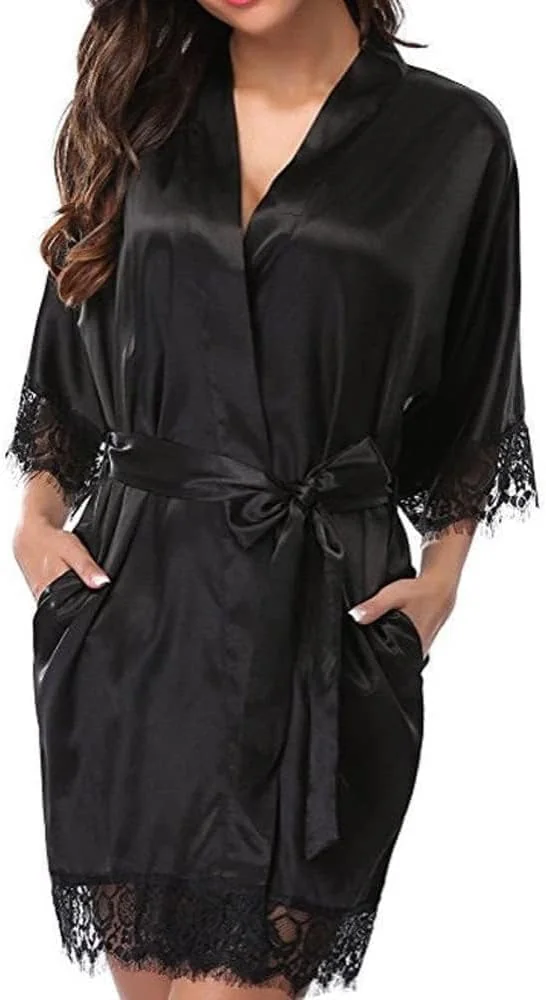 KIMONO DAMSKI KOSZULA NOCNA KORONKA SATYNA LEKKI PENIUAR LUŹNY KRÓJ