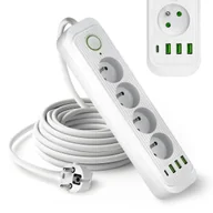 Przedłużacze i rozgałęźniki - Przedłużacz 4 gniazda 5m LISTWA ZASILAJĄCA biały + 4x USB Z WŁĄCZNIKIEM - miniaturka - grafika 1