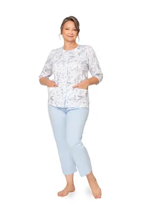 PIŻAMA DAMSKA 3XL NIEBIESKA W KWIATY ROZPINANA KRÓTKI RĘKAW 3/4 BAWEŁNIANA - Piżamy damskie - miniaturka - grafika 1