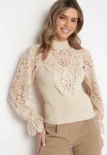 Beżowa Bluzka z Półgolfem w Stylu Retro Bogato Zdobiona Ażurową Koronką Kallioma - Bluzki damskie - miniaturka - grafika 1