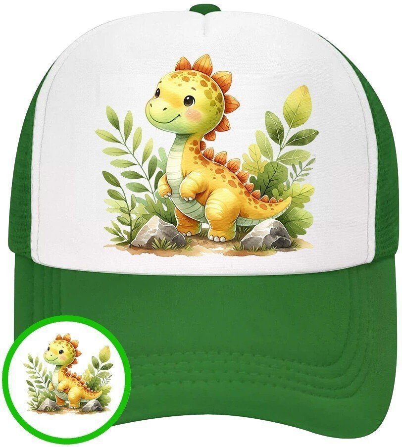 Czapka z Daszkiem Dinozaur Zielona z Nadrukiem Na Lato Siatka Bejsbolówka