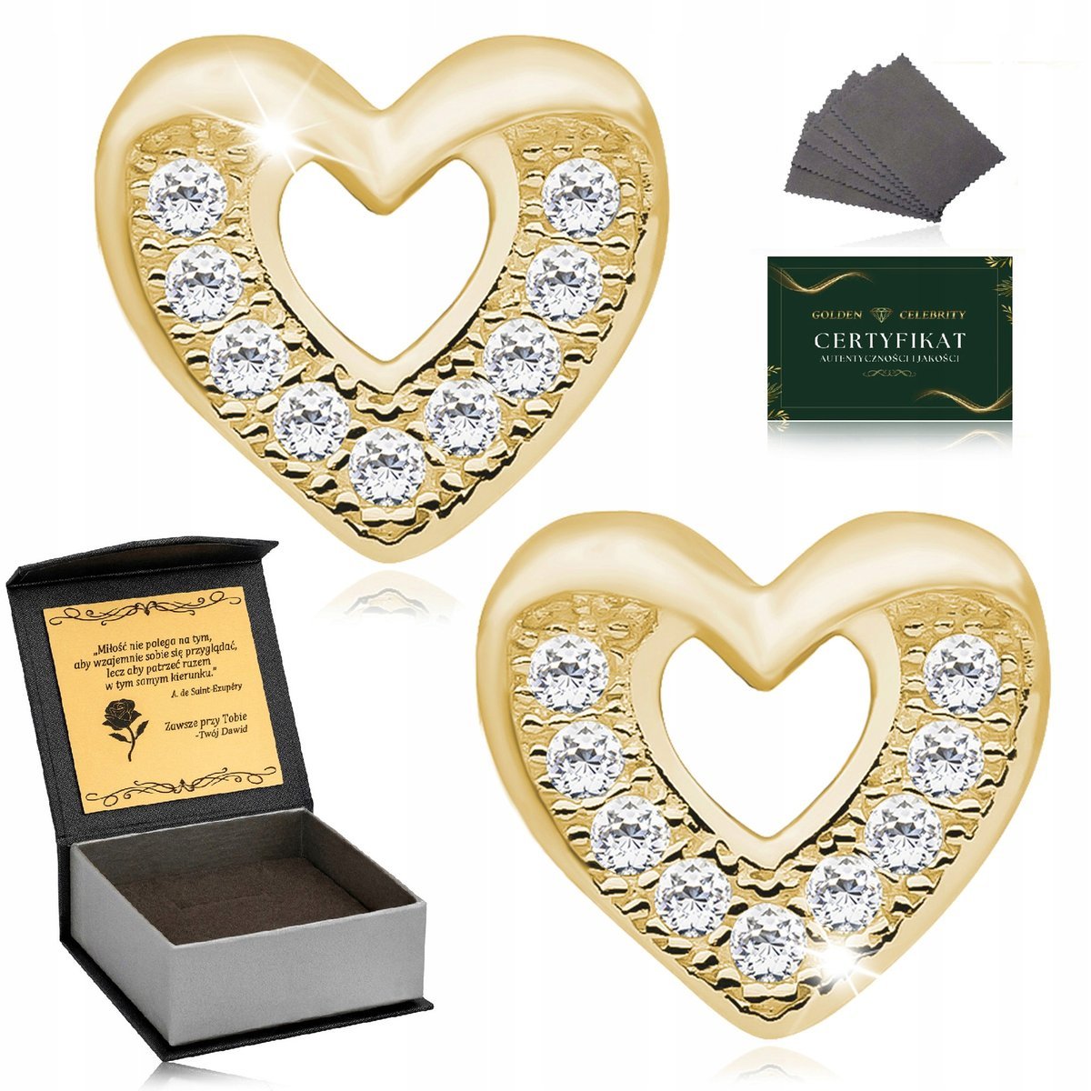 Złote Kolczyki Damskie 925 Serduszka Z Cyrkoniami Prezent Dla Niej + Grawer