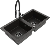 Zlewozmywaki z baterią - Mexen Mario zlewozmywak granitowy 2-komorowy z baterią kuchenną Aster, czarny/złoty metalik - 6504-75-73450-07-B - miniaturka - grafika 1