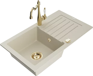 Mexen Pablo zlewozmywak granitowy 1-komorowy z ociekaczem i baterią kuchenną Carla, beżowy - 6510-69-670700-50 - Zlewozmywaki z baterią - miniaturka - grafika 1