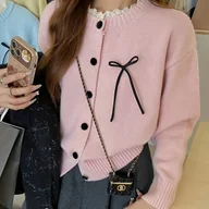 Swetry damskie - TEMU Koreański Styl Wszechstronny Słodki Kardigan z Koronką, Sweter-Płaszcz na Wiosnę i Jesień z Akademickim Szykiem - miniaturka - grafika 1