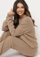 Komplety damskie - Ciemnobeżowy Komplet z Wełną i Bawełną Sweter ze Splotem i Szerokie Spodnie Reinettia - miniaturka - grafika 1