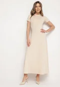 Sukienki - Jasnobeżowa Sukienka o Taliowanym Kroju z Krótkim Rękawem Liravise - miniaturka - grafika 1