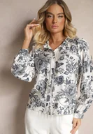 Koszule damskie - Biało-Granatowa Wiskozowa Koszula w Kwiatowy Print z Bufiastymi Rękawami Hanistrae - miniaturka - grafika 1