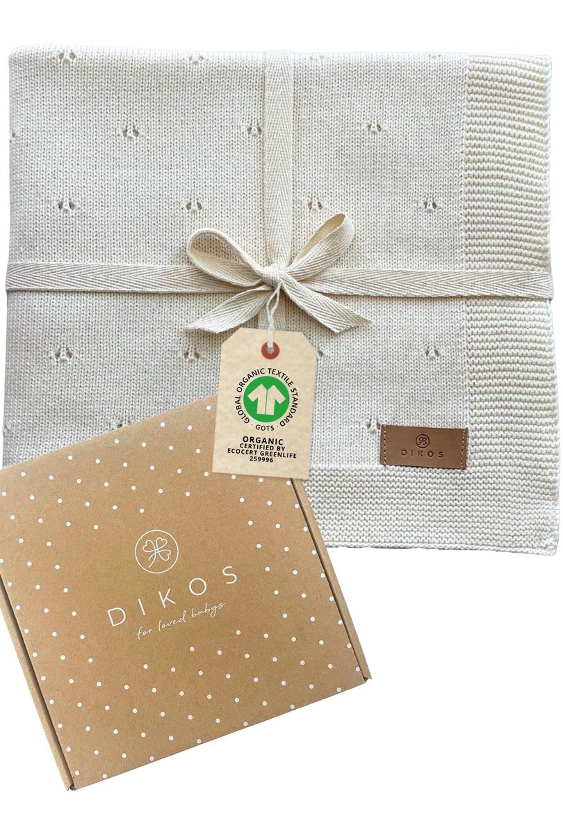 DIKOS Kocyk dziecięcy Ajour z dzianiny kremowo-biały lekki koc