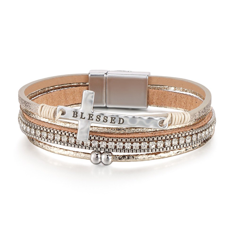 Bransoletka boho khaki z krzyżem i cyrkoniami wielowarstwowa