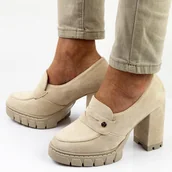 Mokasyny damskie - Beżowe zamszowe półbuty damskie na słupku, mokasyny Vinceza 20189 - miniaturka - grafika 1