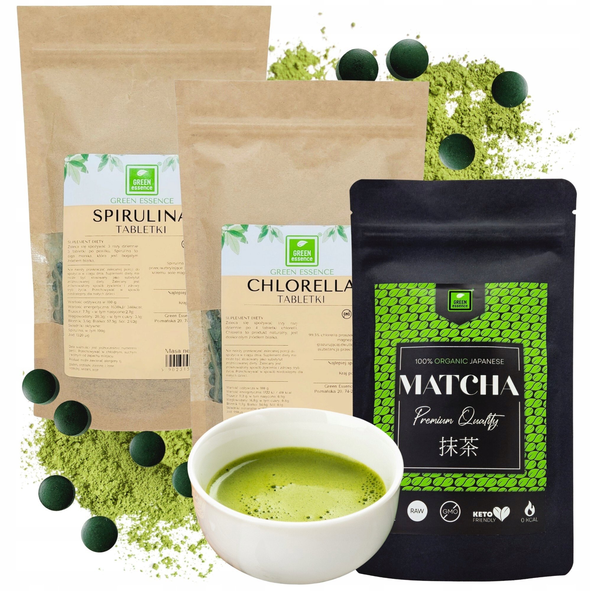 Matcha Spirulina Chlorella zestaw superfood japońska algi morskie tabletki