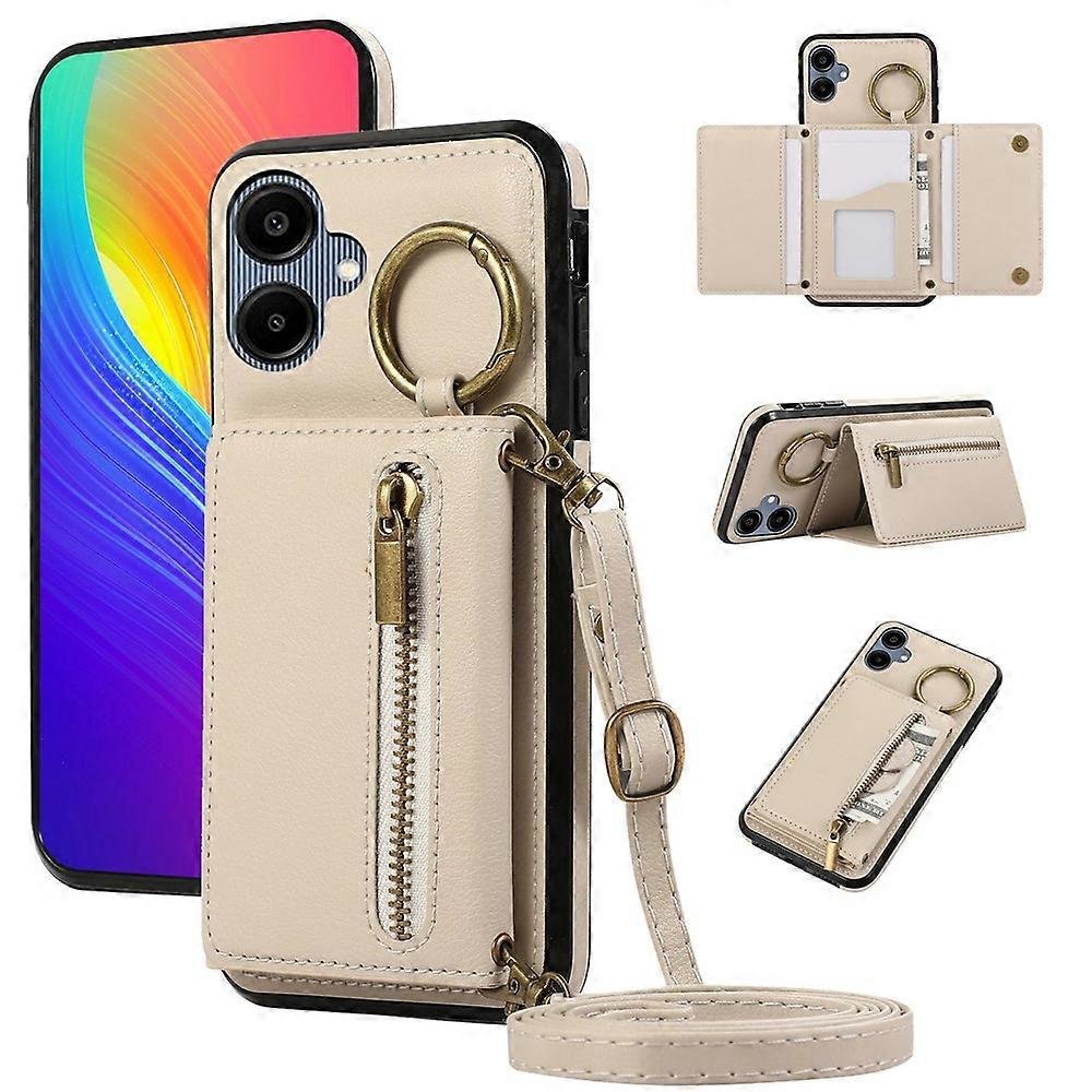 Kompatybilny z Samsung Galaxy A06 4G Skórzana tylna okładka Portfel z zamkiem błyskawicznym Podpórka na telefon z paskiem na ramię Beżowy