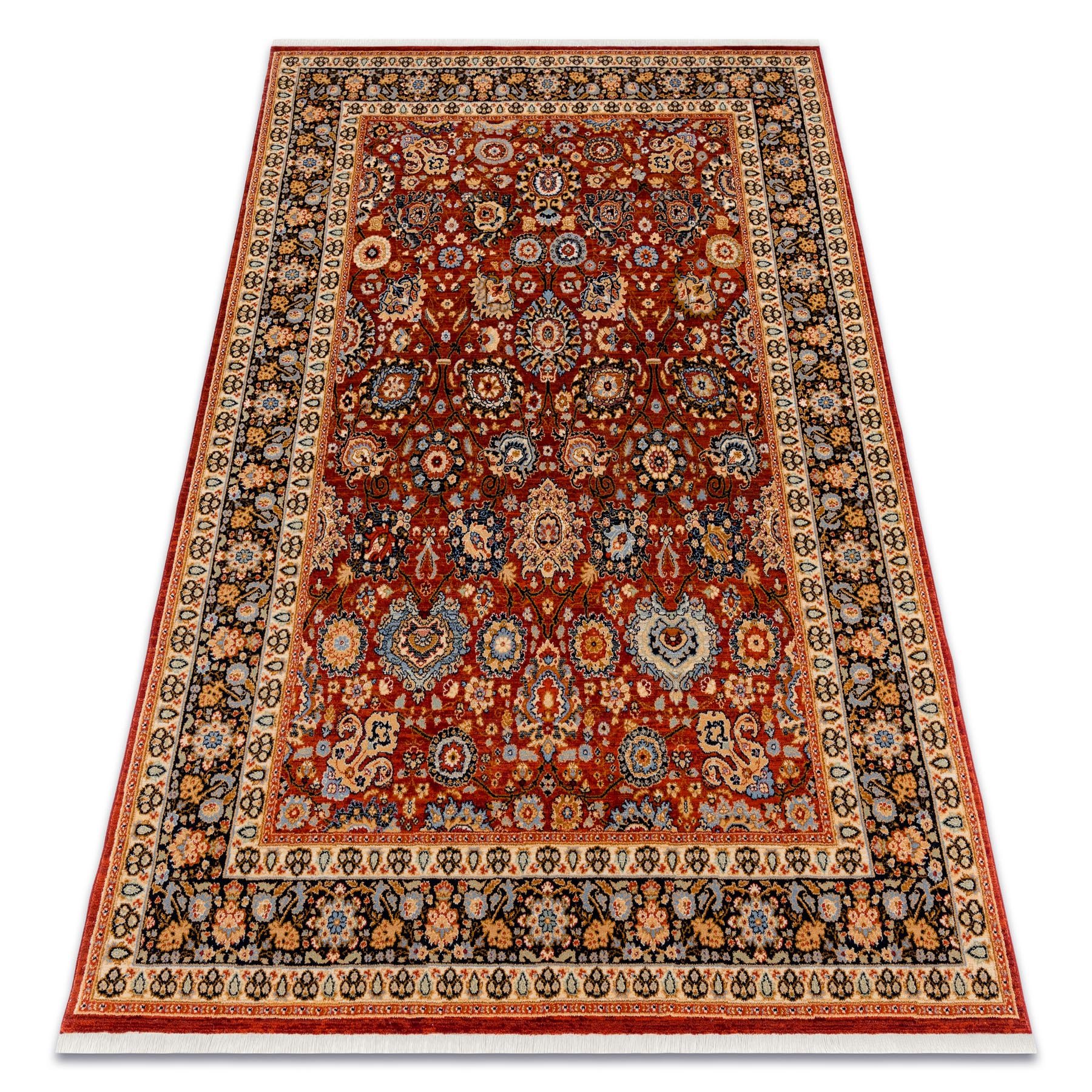Dywan KESHAN Frędzle, Ornament, ramka orientalny 7573/53577 bordo / granat wielokolorowy 120x145 cm